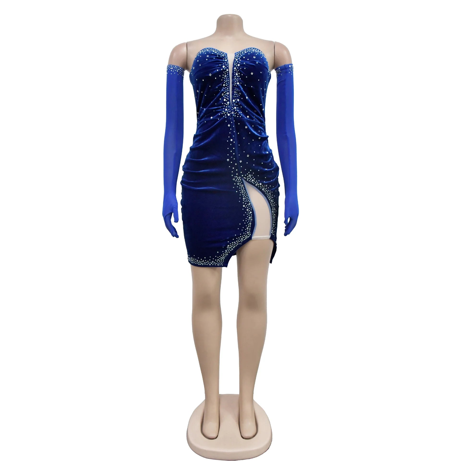 Women Diamonds Hot Rhinestones Velvet Ruched Side Split Bodycon Midi Dress with Cuff 2026 Sexy Party Dresses Vestidos