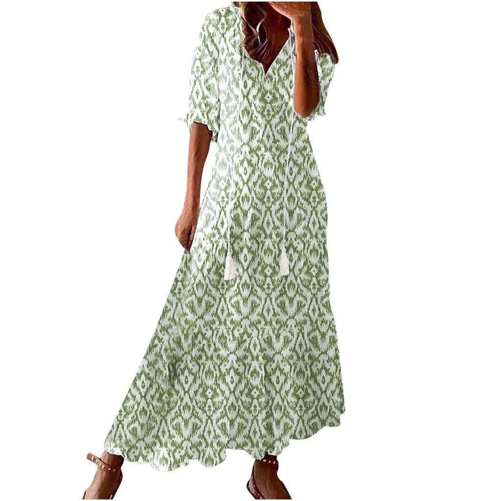 FALL Summer New 2026 Women's Casual Sweet Loose Sexy V-neck Drawstring Fashionable Printed Long Sleeved Boho Bohemian Dresses