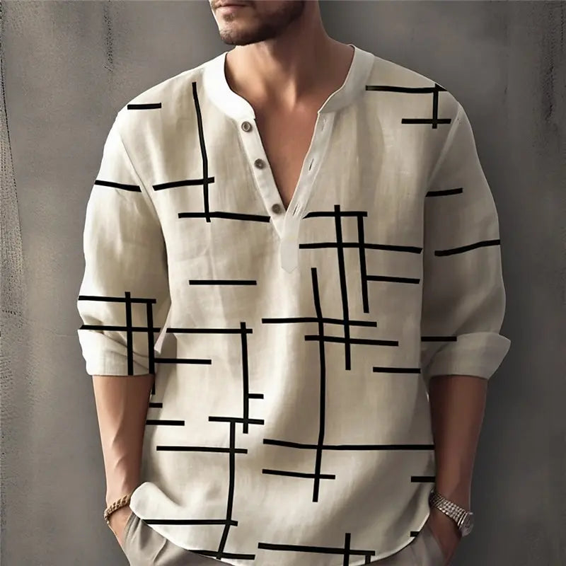 Retro Spring and Autumn New Men's Fashion T-shirt Casual Long Sleeve V-neck Polo Shirt