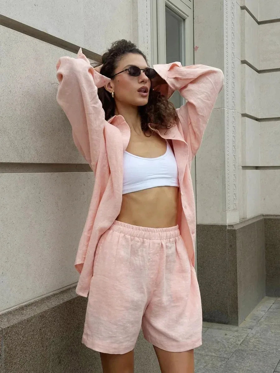 Women 2 Piece Shorts Set Casual Solid Loose Holiday Tracksuit Long Sleeve Cardigan And High Waist Female Shorts Sets 2025 Summer