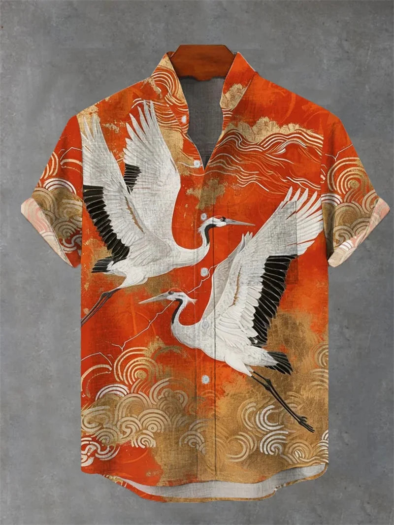Hawaii 3D Printed men's Casual And Fashionable Short Sleeved Shirt With Collar And Button Up Top Made Of Linen