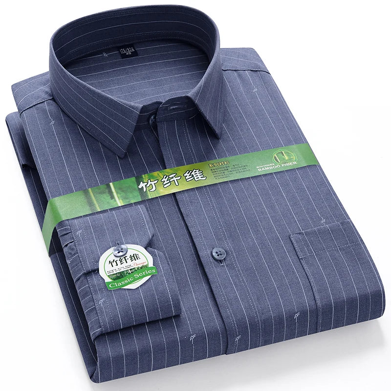 Bamboo Fiber Men Shirt Long Sleeve Elastic Anti-wrinkle Regular Fit business Formal Social pink Blue Striped checkered print 4XL