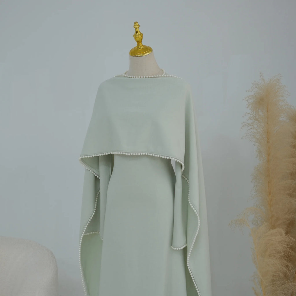 White Pearl Trim Cape Maxi Dress Women Elegant Long Sleeve Cinched Waist Muslim Robes 2026 Spring EID Abaya Lady Dresses