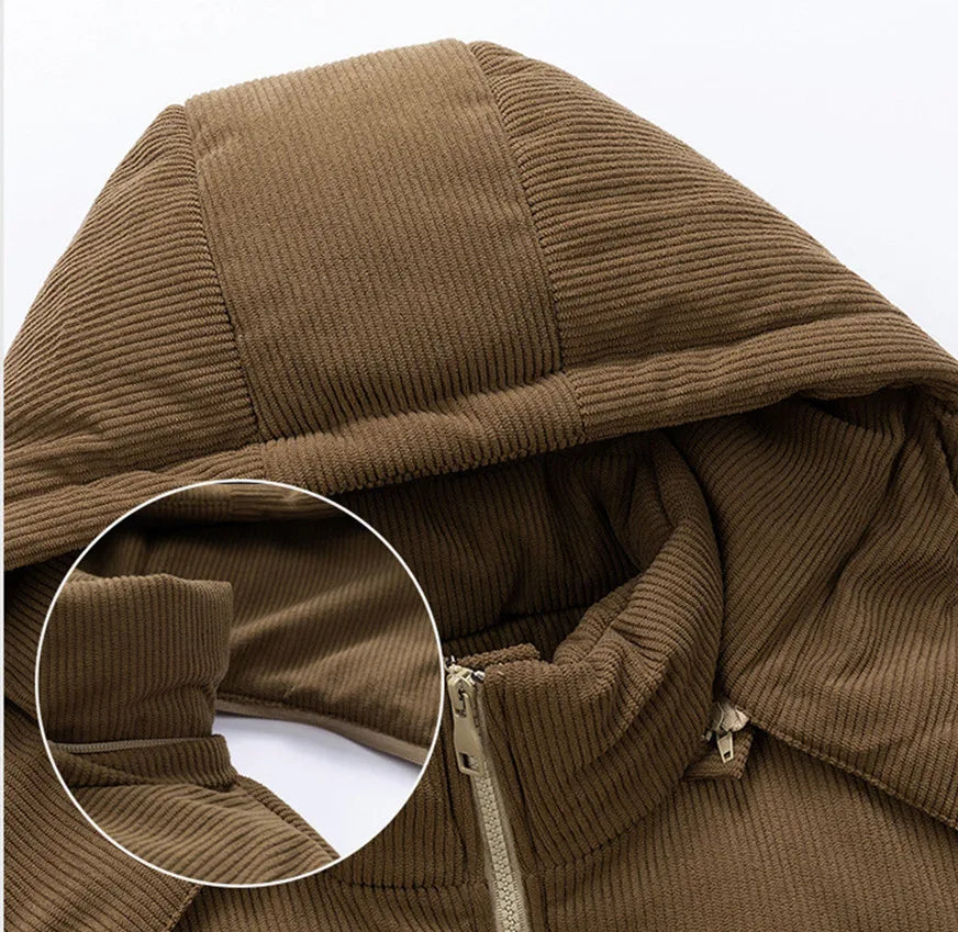 2027 New Patchwork Men Jackets Cotton Padded Corduroy Winter Warm Coat Men's Hooded Windproof Thick Outerwear Mens Clothes