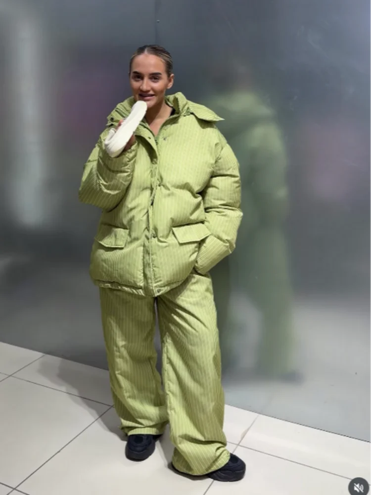 Women Striped Ski Suit 2 Pieces Set Hooded Puffer Jacket Wide Leg Snow Pants Winter Warm Waterproof Snowboard Outfit Tracksuit