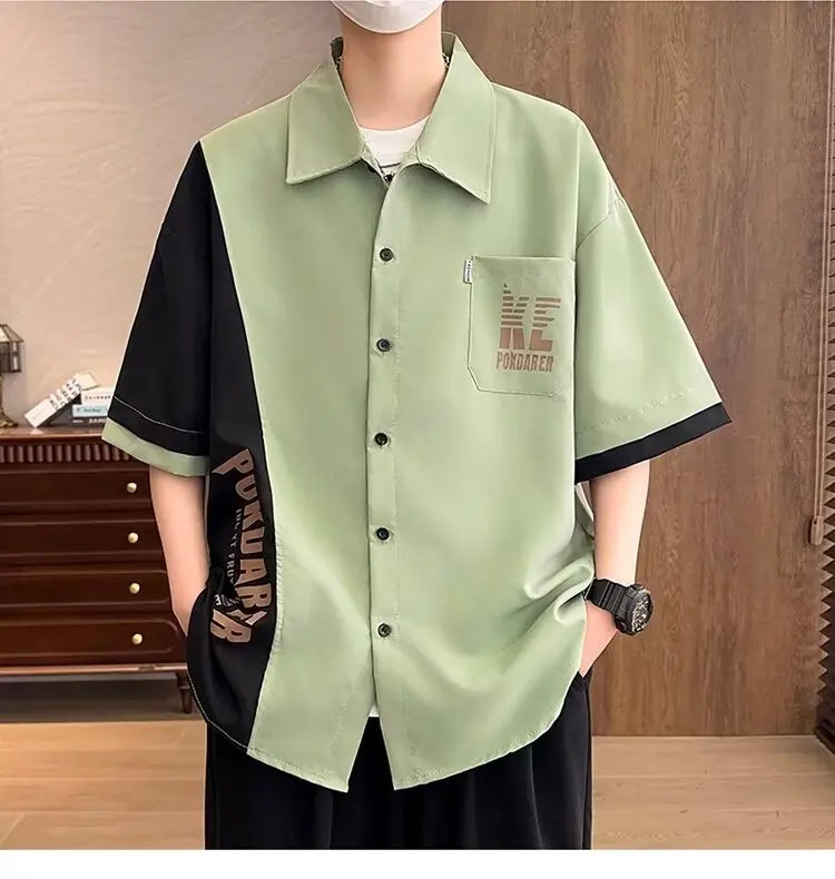 New Shirts for Men Patchwork Graphic T-shirts Men's Clothing Summer Casual Short Sleeved Daily Street Tops Loose Oversized Shirt