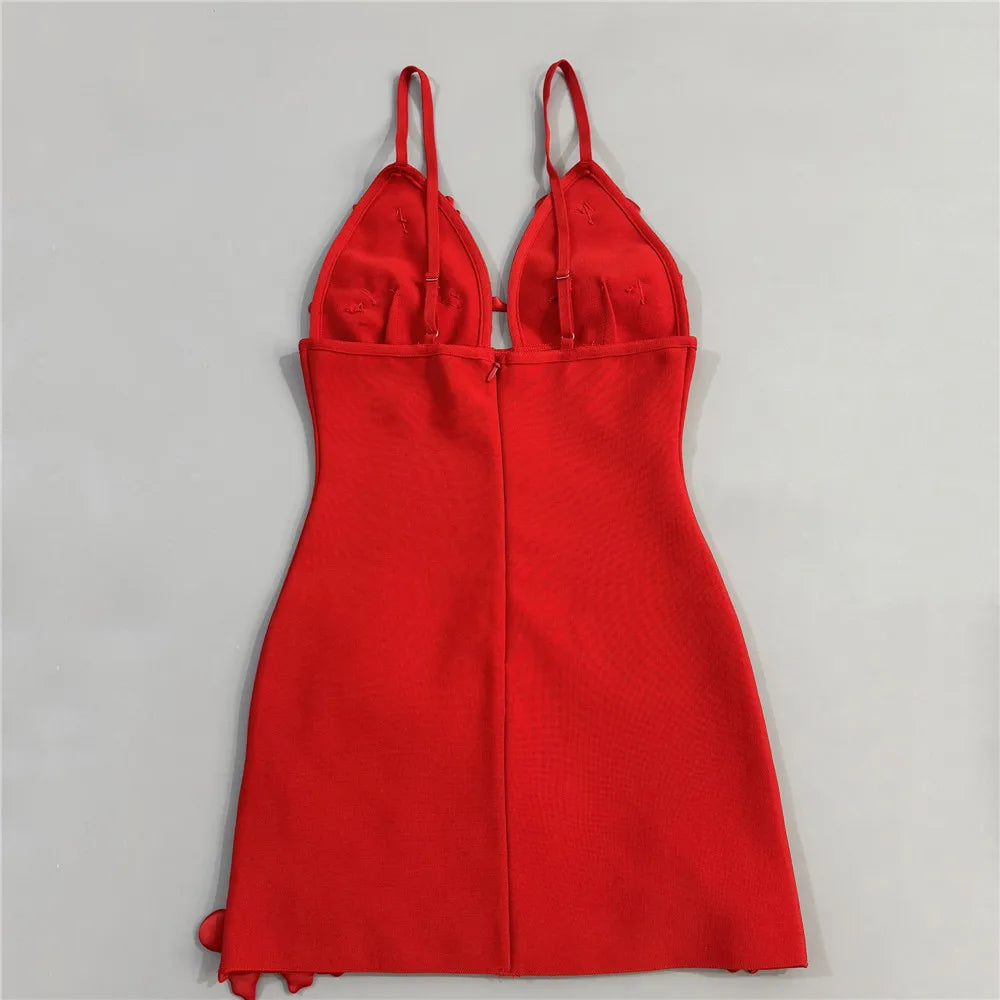 Women Simple 3D Floral Appliques Spaghetti Strap Bandage Dresses Deep V-Neck Backless Club Party Mini Dress
