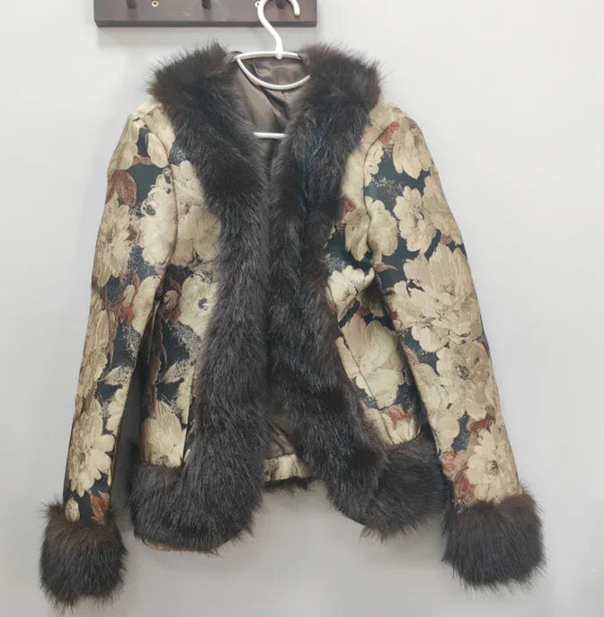 Floral Jacquard Faux Fur Trim Jacket V Neck Single Button Long Furry Cuff Cropped Coats 2026 Vintage Winter New Warm Party Coat