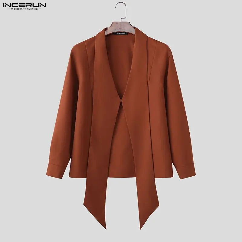 INCERUN Men's Shirt Solid Color Deep V Neck Long Sleeve Men's Clothes Tops With Belt Streetwear 2026 Fashion Camisas Masculina