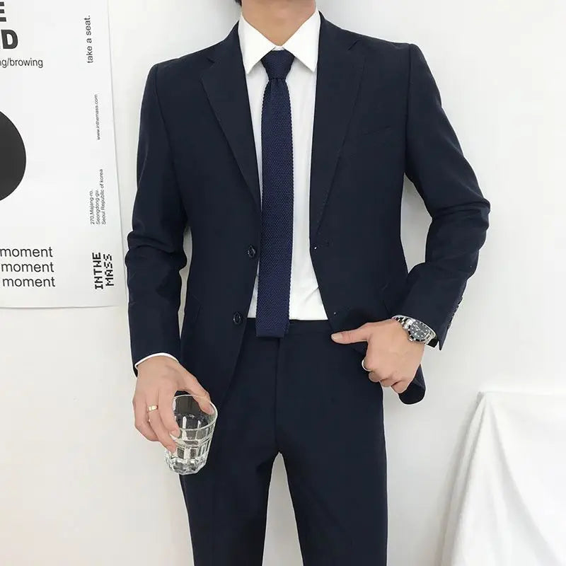 Men Slim Fit Business Casual Suit Set Long Sleeve Blazer Student Youth Formal Two Piece Outfit