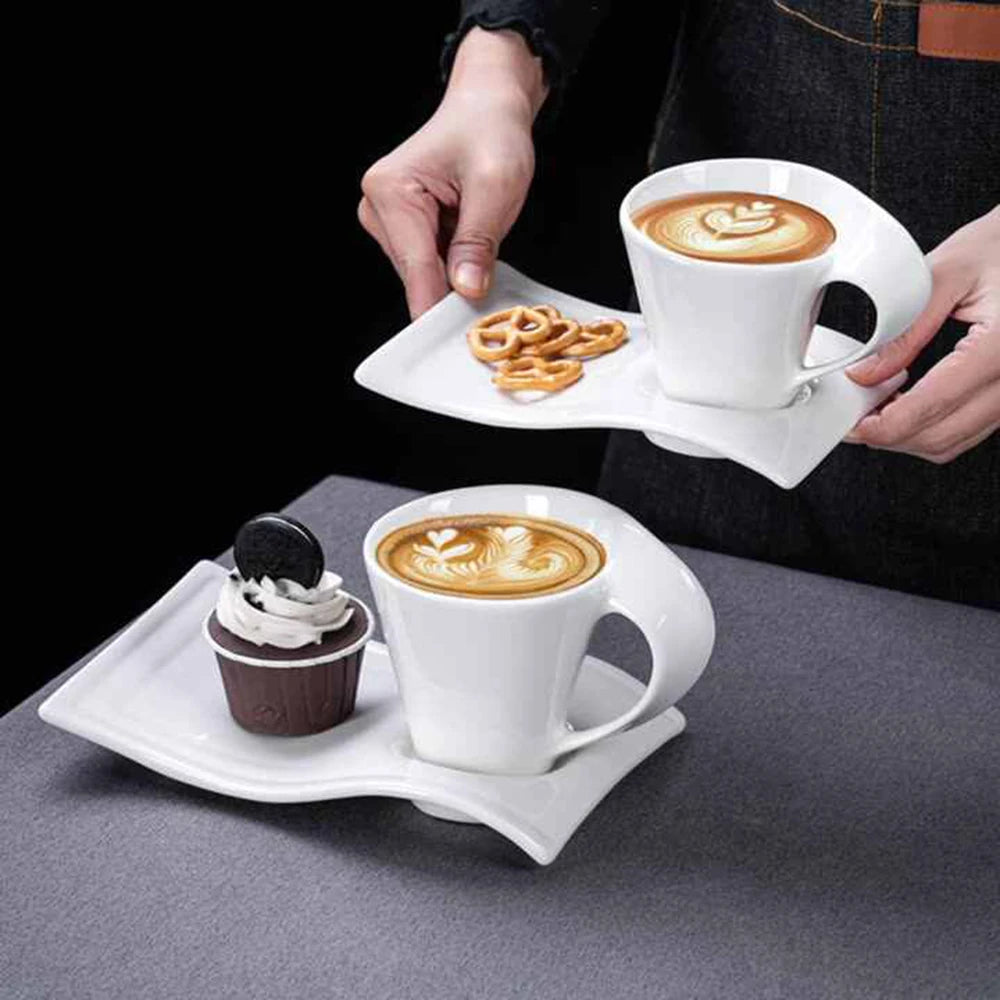 European Ceramic CoffeeCups Set with Wave Shape Plate 80 100 180 and 280ml Modern Minimalist White Cappuccino Latte Dessert Dish