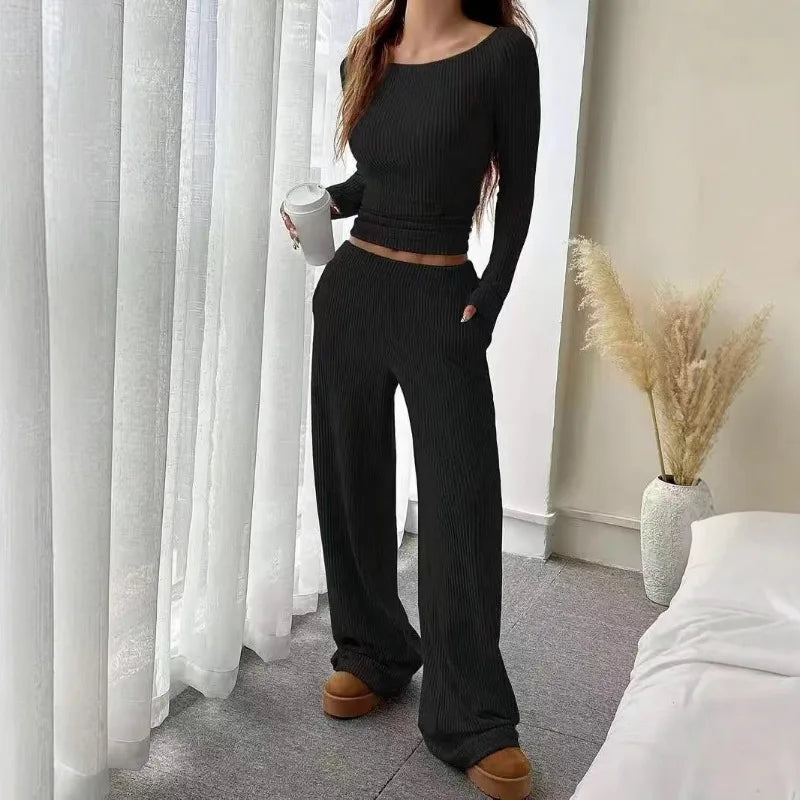 Off Shoulder Ribbed Two Piece Outfit Women Long Sleeve Crop Top Wide Leg Pants Set