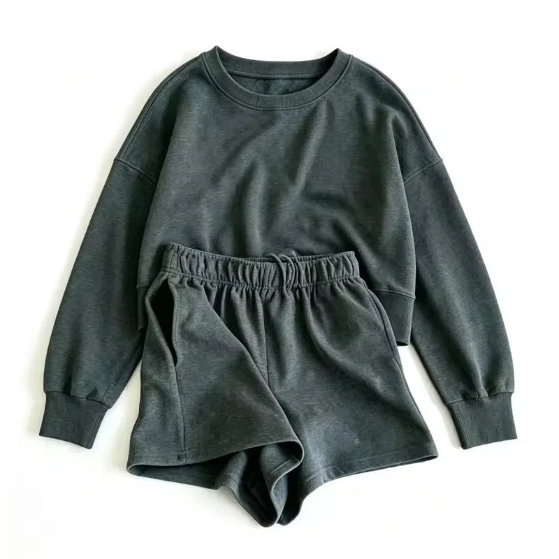spring autumn Womens Round neck long sleeve Sweatshirt Two Piece Set Casual Sweatshirt+shorts Womens suit Daily Womens Tracksuit