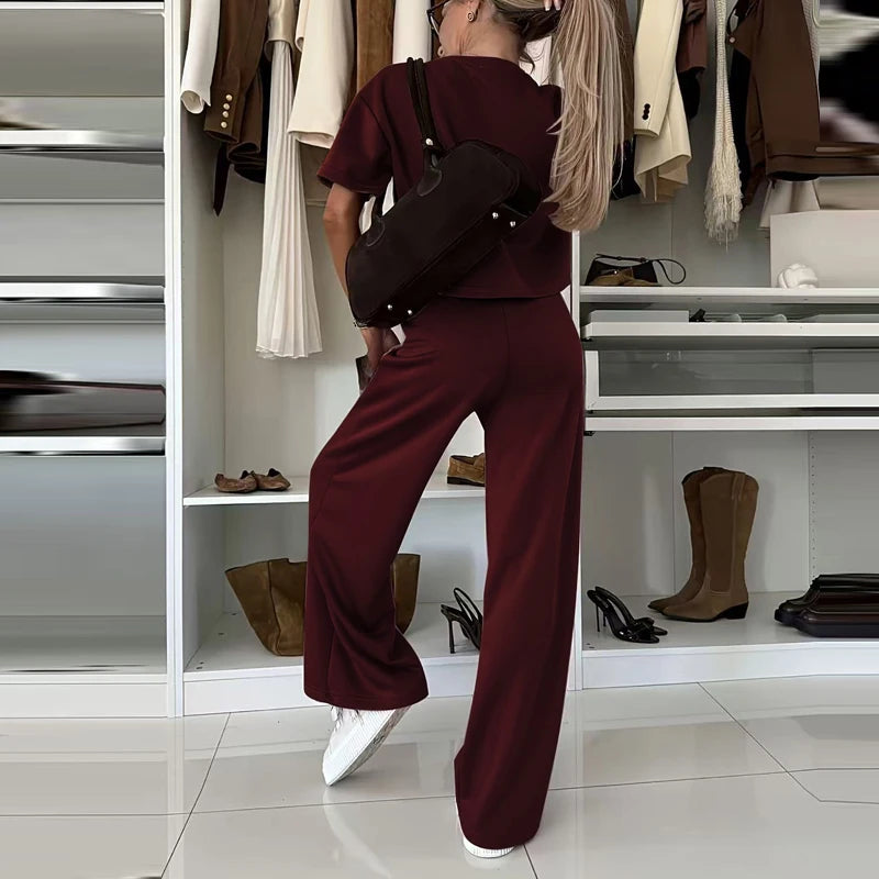 Women Casual Loose Sporty Two Piece Fashion Daily Commute Outfit 2026 Summer Simple O Neck Short Sleeve Top and Long Pants Suit