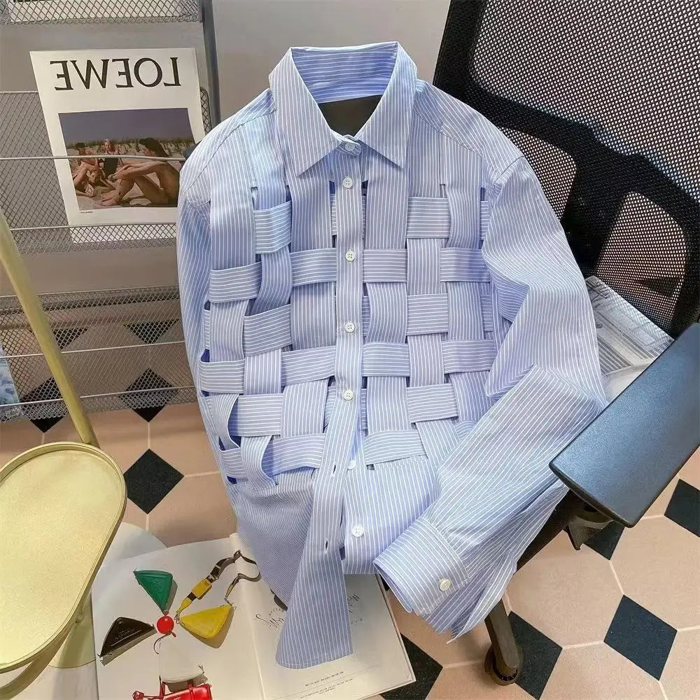 Vintage Weaving Shirts For Men Long/Short Sleeve Lapel INS Trend Tops Streetwear New Spring Summer Fashion Casual Loose Shirts