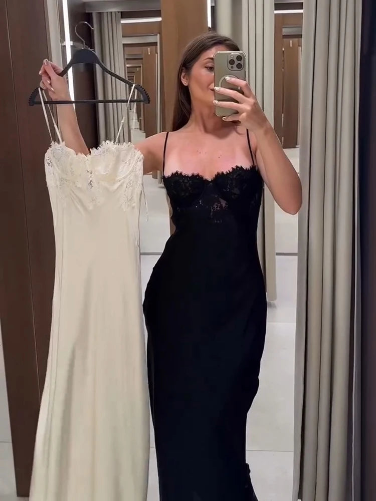 Lace Bust Satin Slip Dress Spaghetti Strap Back Split Elegant Maxi Night Vestido 2026 Summer Banquet Party Women Gentle Grown