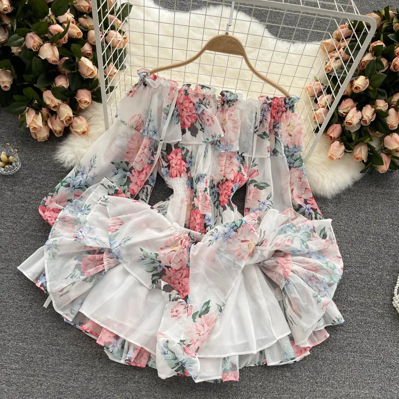 2025 New Retro Summer Beach Vacation Dress Women Sexy Strapless Lantern Sleeve Sweet Floral Jumpsuit Short Chiffon Print Dresses