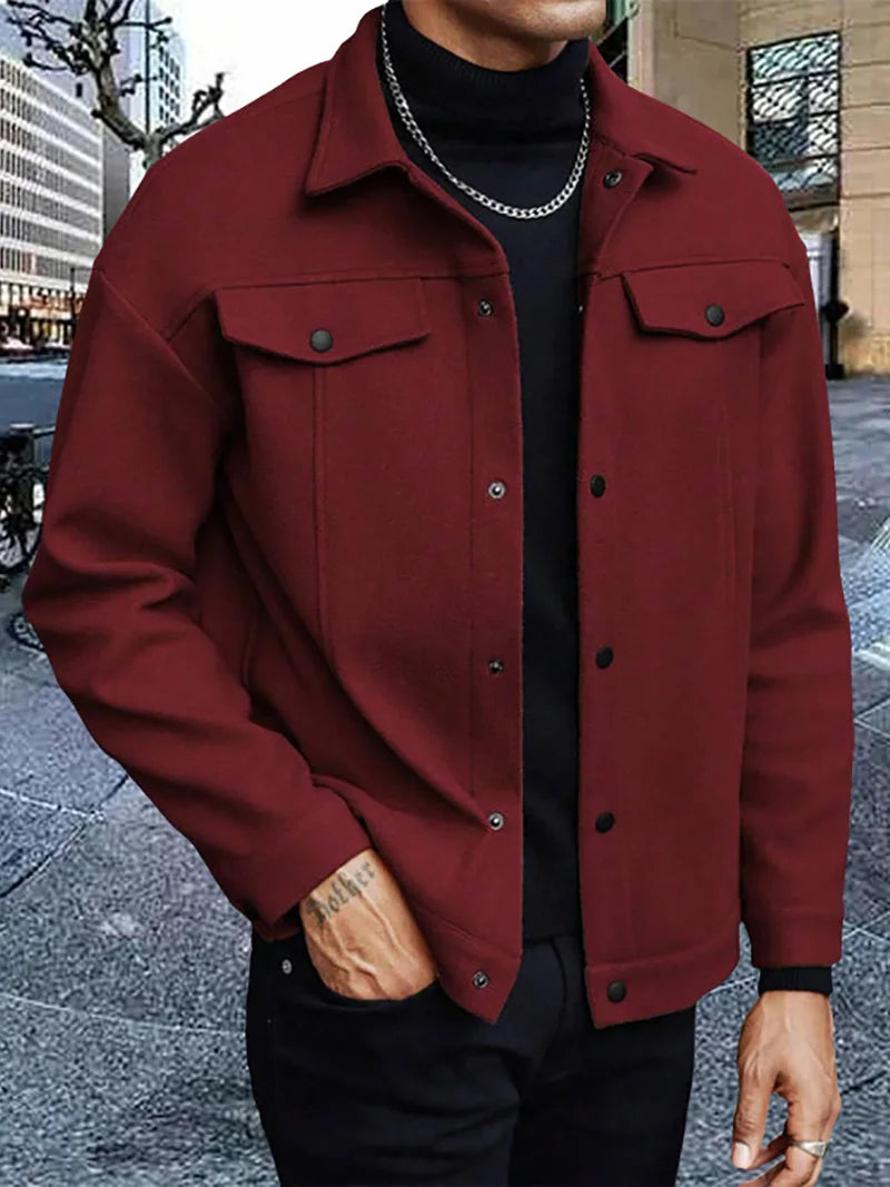 Men Loose Short Shacket Soft Brushed Fabric Autumn Winter Business Daily Casual Fake Decor Chest Flap Lapel Fashion Outer Jacket