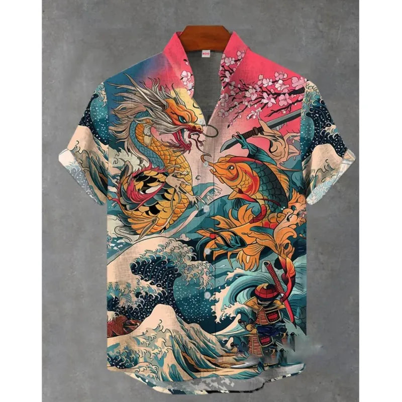 New Men's Shirt 3D Printed Linen Shirt Men's Casual Short Sleeved Top Fashionable Men's Lapel Button Up Shirt Printed T-shirt