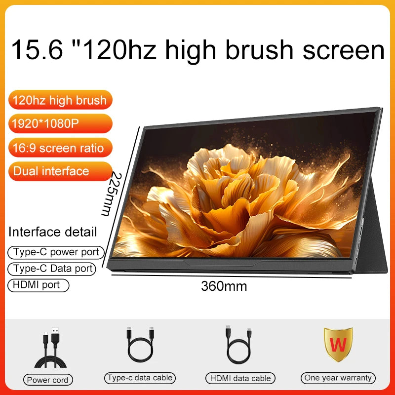 15.6inch Portable Monitor 120Hz/RGB100% /Touch Screen With VESA Hole Extended Display For Phone PC Loptop Xbox PS4/5 Switch