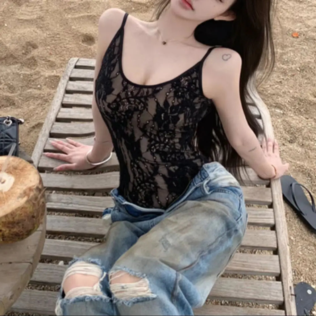 Sexy Lace Slim Jumpsuit Women Sleeveless Backless Solid Hollow Out Tops Summer Fashion Y2K Spaghetti Strap Top Lady Party Club
