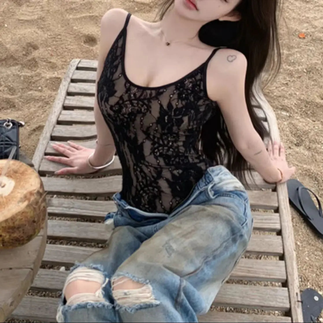 Sexy Lace Slim Jumpsuit Women Sleeveless Backless Solid Hollow Out Tops Summer Fashion Y2K Spaghetti Strap Top Lady Party Club