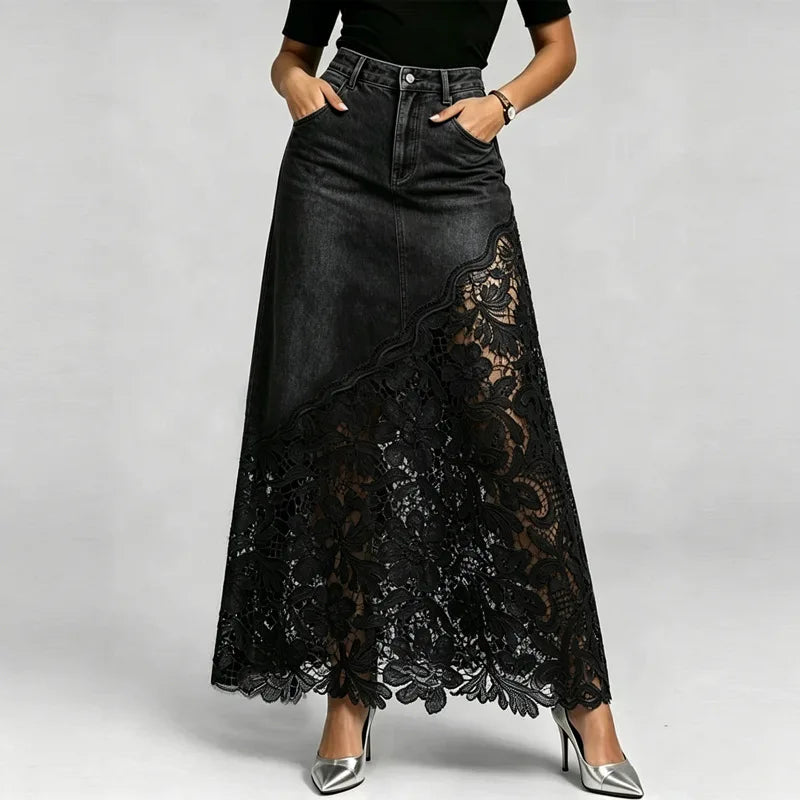 Washed Denim Lace Trim Pencil Skirt Long Bodycon Skirts Spring Summer