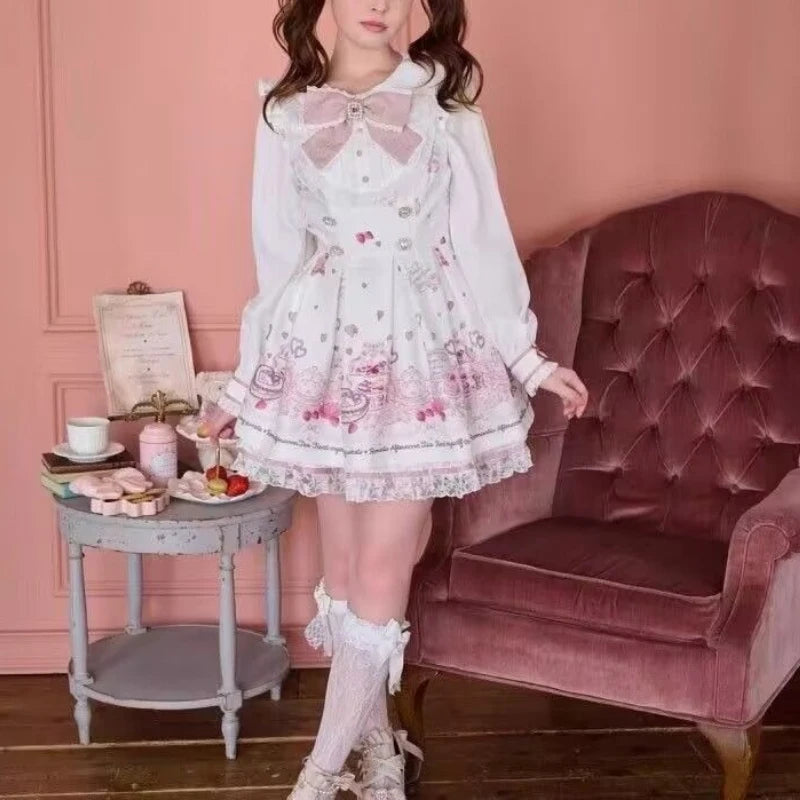 Japanese Style Lolita 2 Piece Set Y2k Mini Skirt Woman Harajuku Sweet Kawaii Print Dress Tops Korean Fashion Elegant Dress