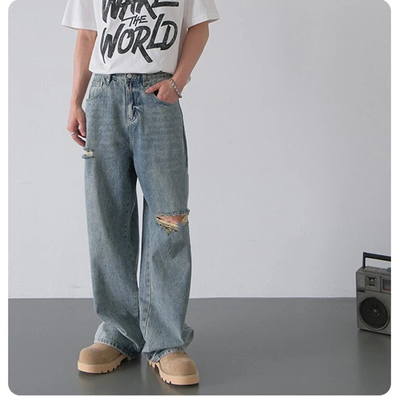 2026 Spring Summer New Men Baggy Ripped Straight Leg Wide Leg Jeans American Style Vintage Trend Male Versatile Denim Trousers
