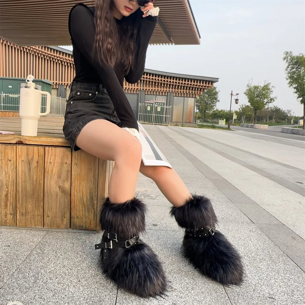Winter Fur New Design Onepiece Raccoon FurFemale Snow Boots Fur shoes OutdoorMid Leg Boots y2k Cool Pink Girl
