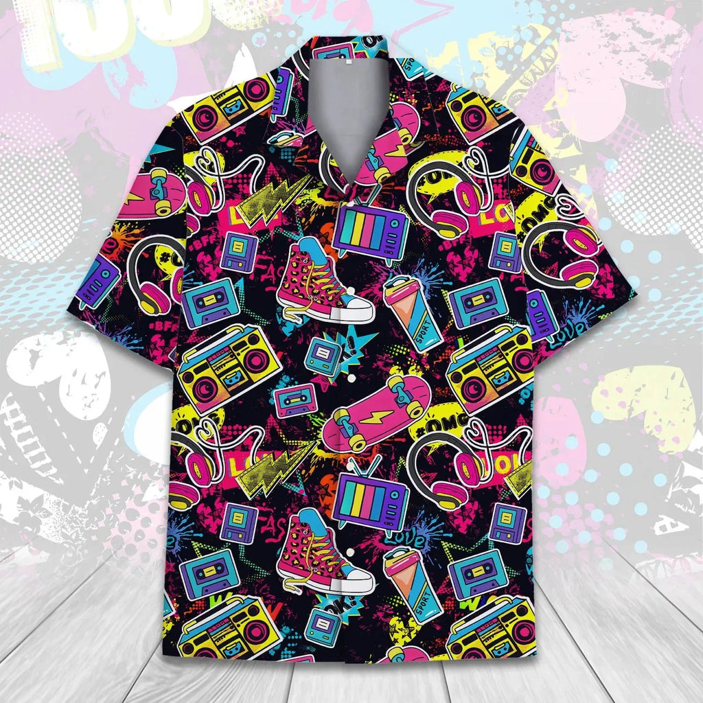 Retro 80s Pop Art Hawaiian Shirt 2026x Neon Cassette Skateboard Headphone Shirt, Vintage 90s Party Button-Up Summer Unisex Shirt