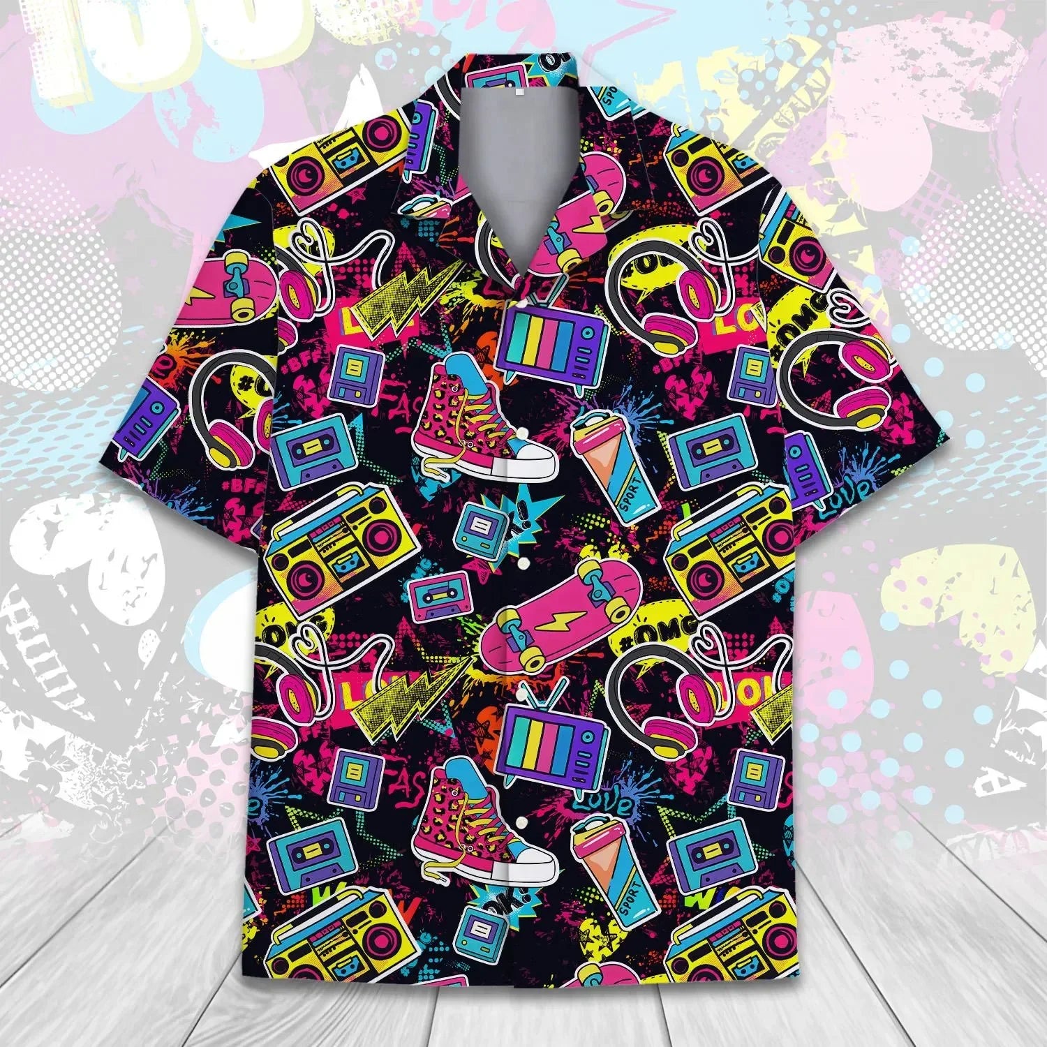 Retro 80s Pop Art Hawaiian Shirt 2026x Neon Cassette Skateboard Headphone Shirt, Vintage 90s Party Button-Up Summer Unisex Shirt