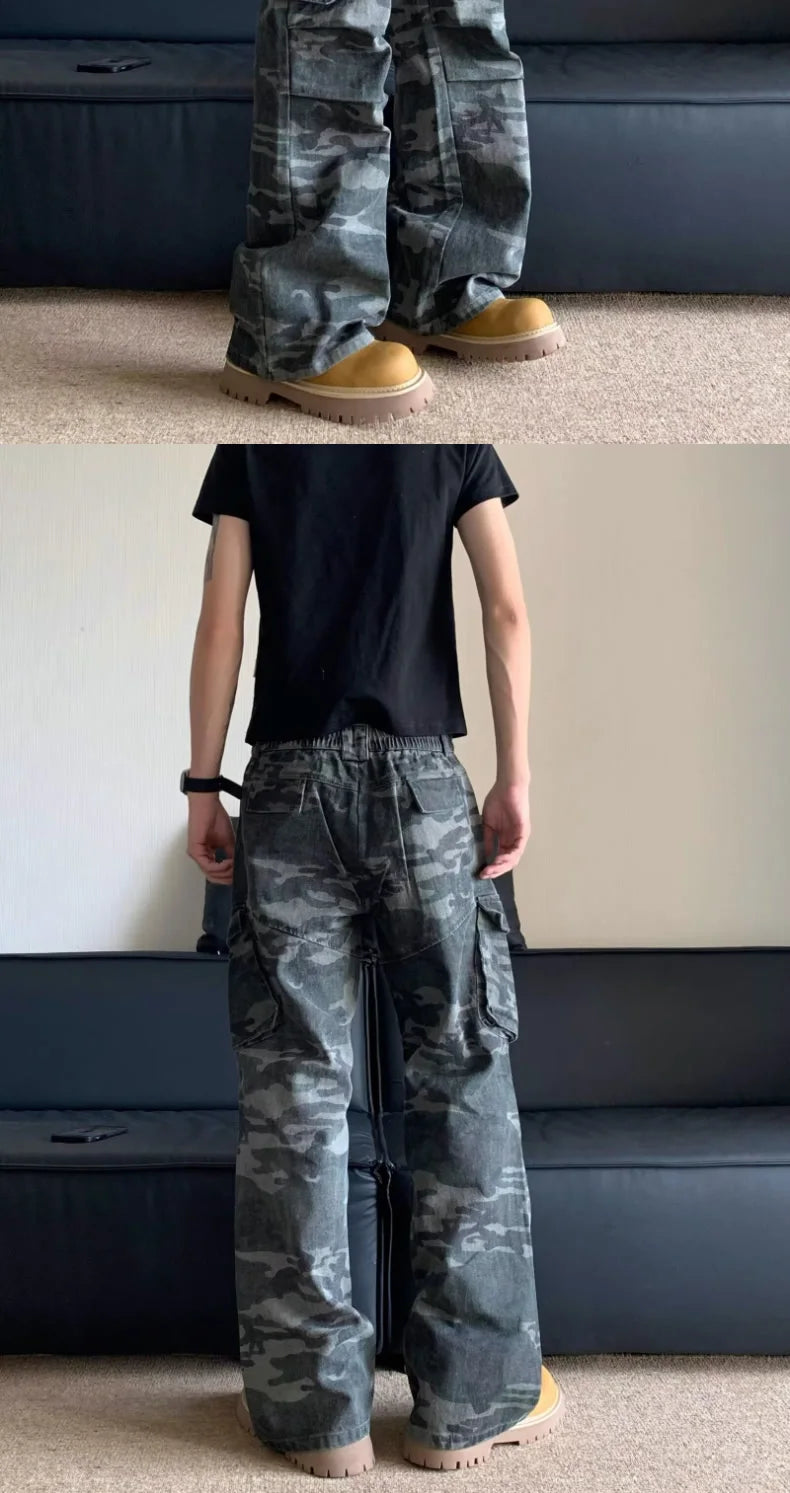 Summer Large Size American Retro Camouflage Work Pants Men's Loose Straight Leg Jeans with Diagonal Pockets Casual Long Trousers