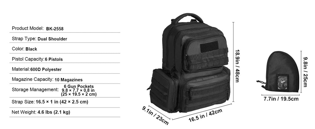 SucceBuy Tactical Range Backpack 2/6 Pistols Gun Backpack with Independent Pistol Bags and Magazines Pistol Backpack for Outdoor
