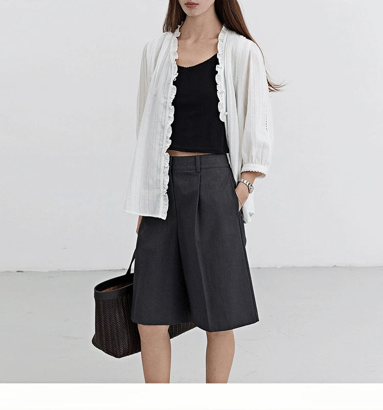 High Waist Suit Short Pants Women's Casual Loose Straight Leg Pants Summer Five Parts Outwear Comfortable Polyester Fiber