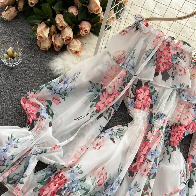 2025 New Retro Summer Beach Vacation Dress Women Sexy Strapless Lantern Sleeve Sweet Floral Jumpsuit Short Chiffon Print Dresses