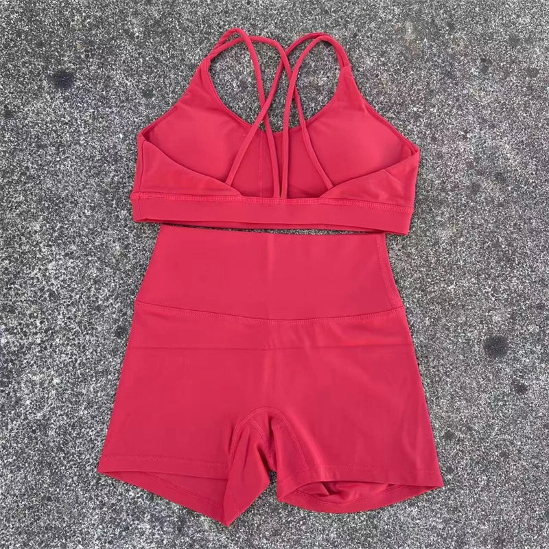 2 Piece Yoga Shorts Set Gym Sports Set Women Workout Outfit Fitness Suit Cross Straps Bra High Waist Shorts Running Tracksuit