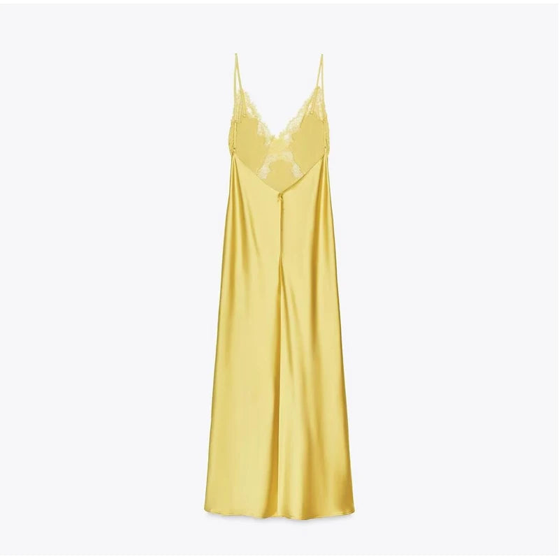 Chic Solid Lace Patchwork Satin Dress Fashion Sleeveless Off-shoulder Sling Maxi Dresses Party Daily Outdoor Casual Attire 2026