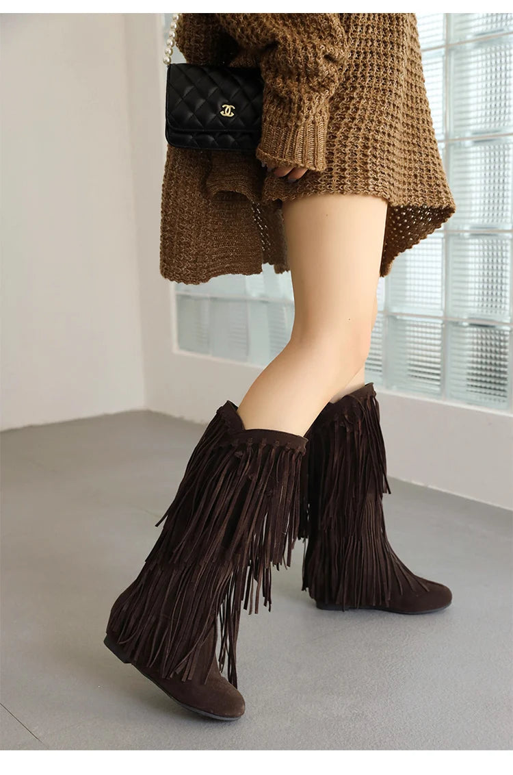 2025 New High Boots Women Bohemian Flock Tassle Mid-Calf Boots Wedge Booties Autumn Winter Ethnic Casual Shoes zapatos de mujer