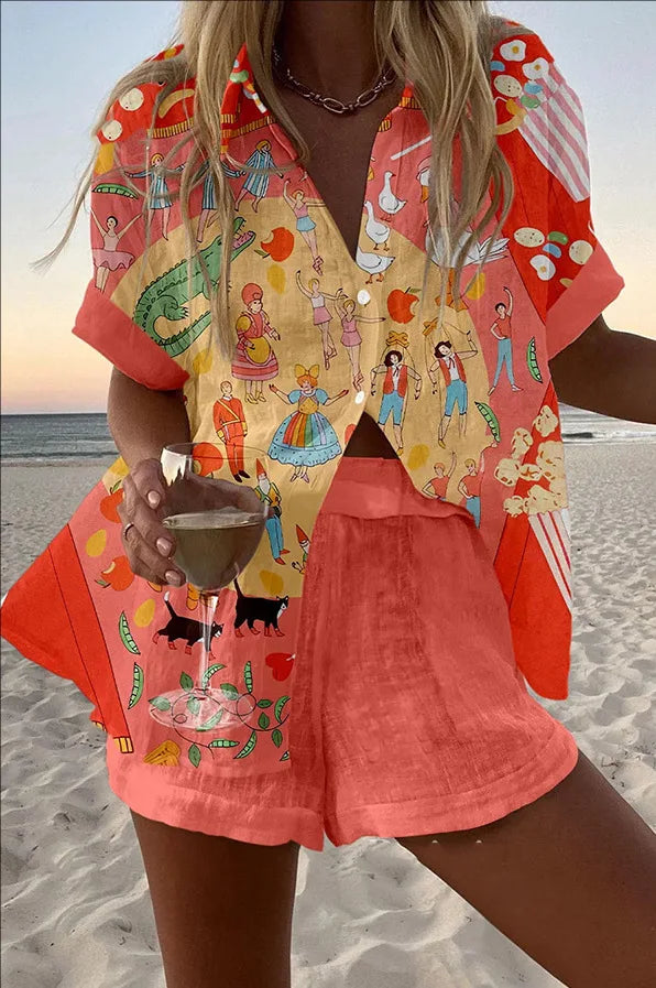 Fashion Lapel Short-sleeved Single-breasted Shirt Top + Shorts 2-piece Set Women Elegant Summer Print Loose Casual Suit Female