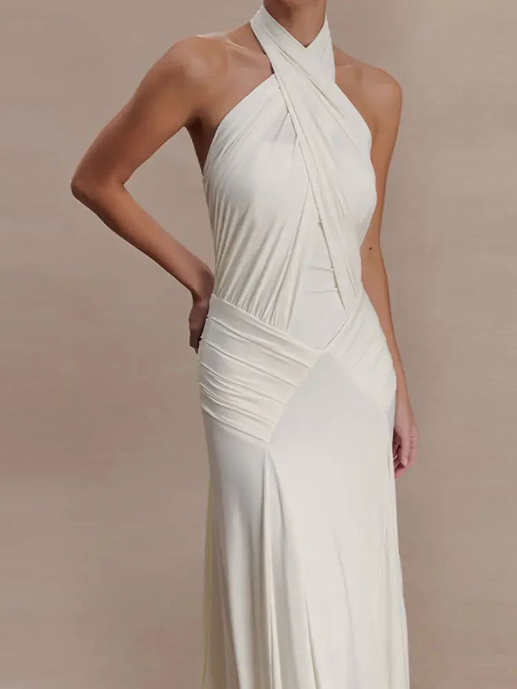 Elegant White Halter Neck Maxi Dress For Women Chic Backless Pleated Bodycon Long Vestidos 2026 Wedding Guest Evening Gown