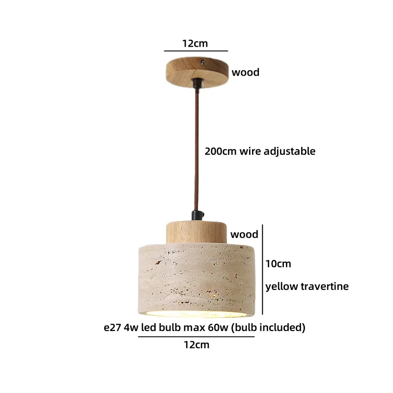 IWHD Yellow Travertine Stone LED Pendant Lamp Living Dining Room Table Inside Retro Wood Hanging Lights Fixture Lampara Colgante
