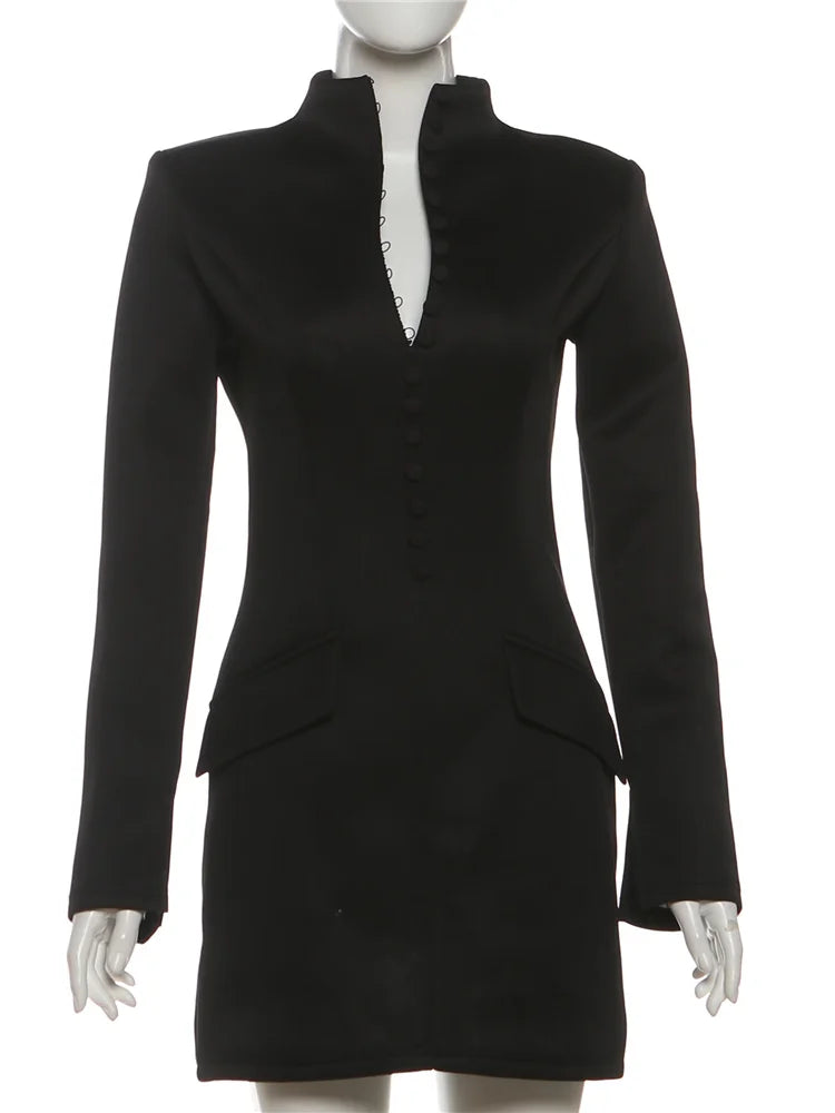 Nibber Elegant Fashion Office Style Dress Woman Button Pocket Decoration Stand Collar Simple Full Sleeve Casual Mini Bodycon