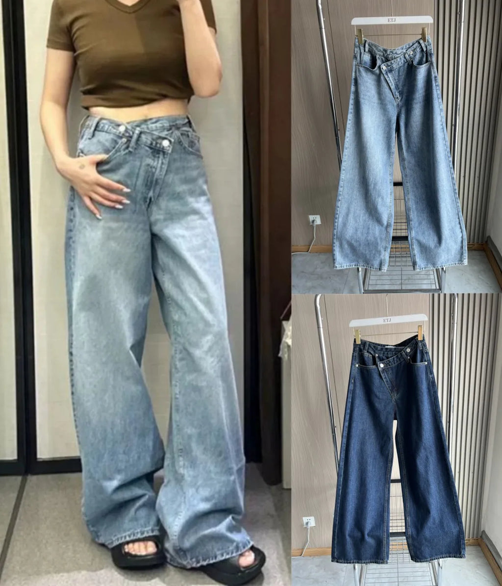 ETJ 2025 new women's basic classic all-match fashion cross waist high waist  wide leg jeans female 8197232