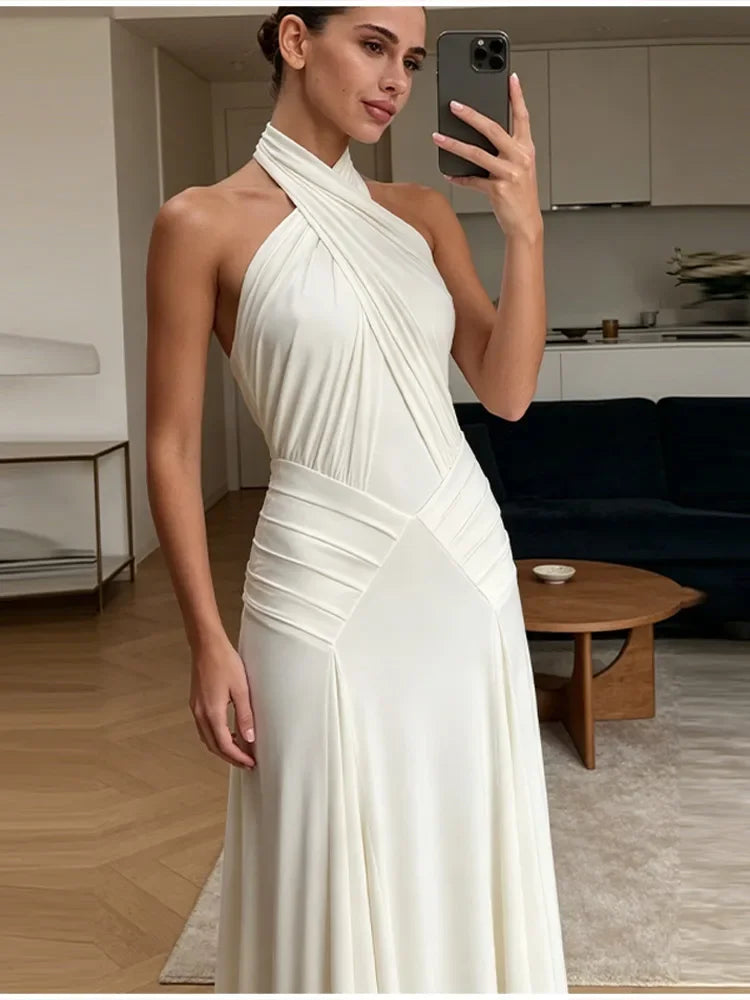 Elegant White Halter Neck Maxi Dress For Women Chic Backless Pleated Bodycon Long Vestidos 2026 Wedding Guest Evening Gown