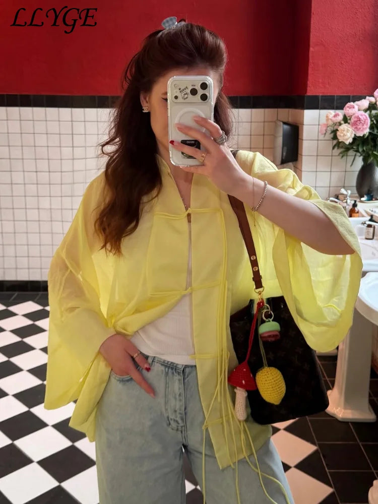 Loose Women's Frog Buttons Mandarin Shirts See Through Stand Collar Full Sleeve Blouses 2026 Summer Lady Cotton Linen Outwear