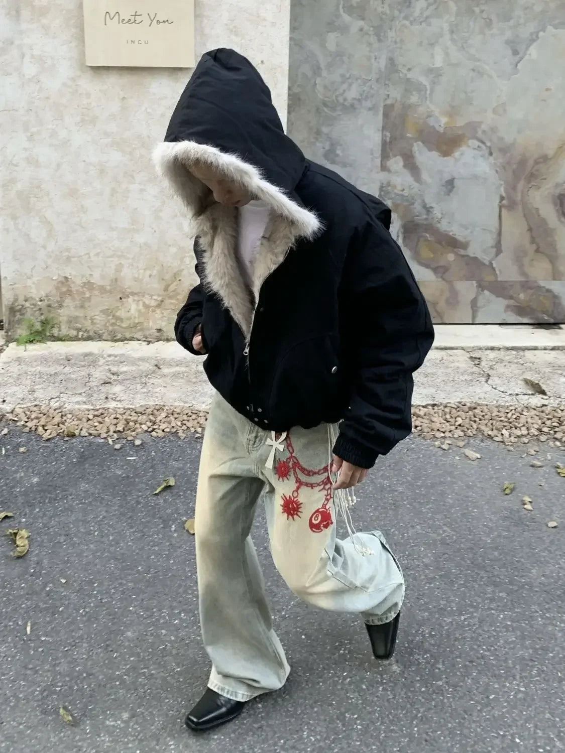 winter retro american woolen collar hooded cotton jacket thick plush top men street hip hop gothic harajuku oversize jacket coat
