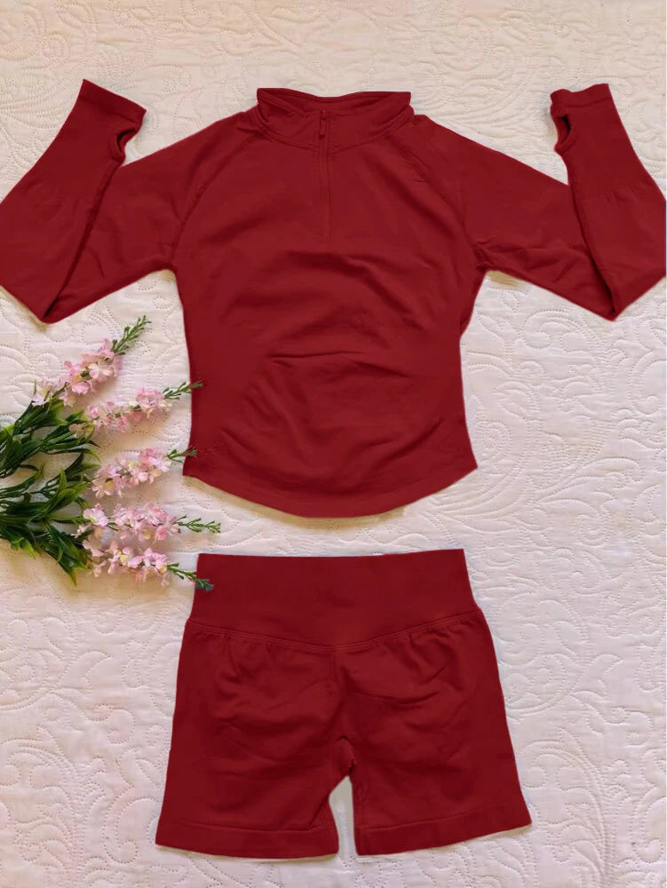 2026 2pcs Long Sleeve Yoga Set Women Half Zippy Jacket Longline Sports Top Gym Shorts Fitness Suits Running Coats Workout Set