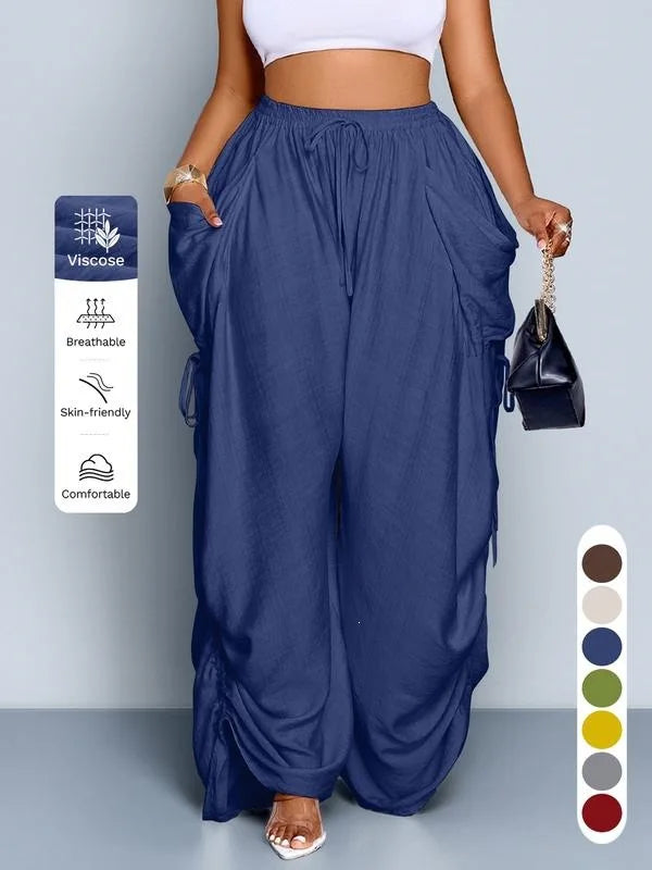 Loose Wide Leg Pants Drawstring Elastic Waist Pure Color Casual Trousers Women's High Waist Straight Cut Summer Fashion