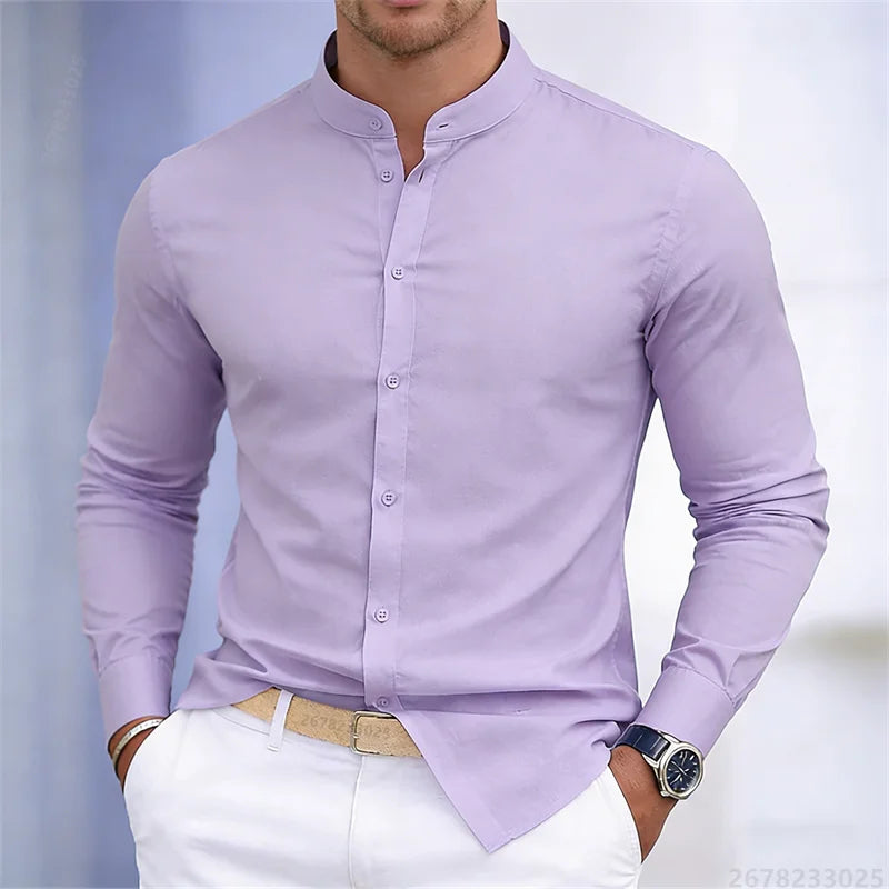 Men's stand-up collar white or black long-sleeved shirt, solid color shirt, slim fit business casual men's top, sizes XS-6XL.